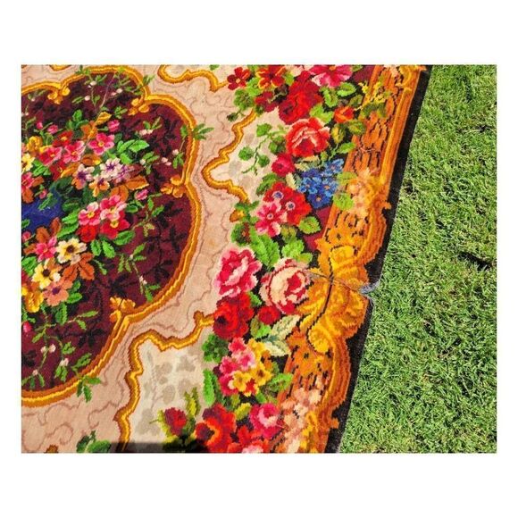 Antique 1930's Bright Floral Woven Carpet Rug Bedspread Couch Cover - Picture 6 of 7